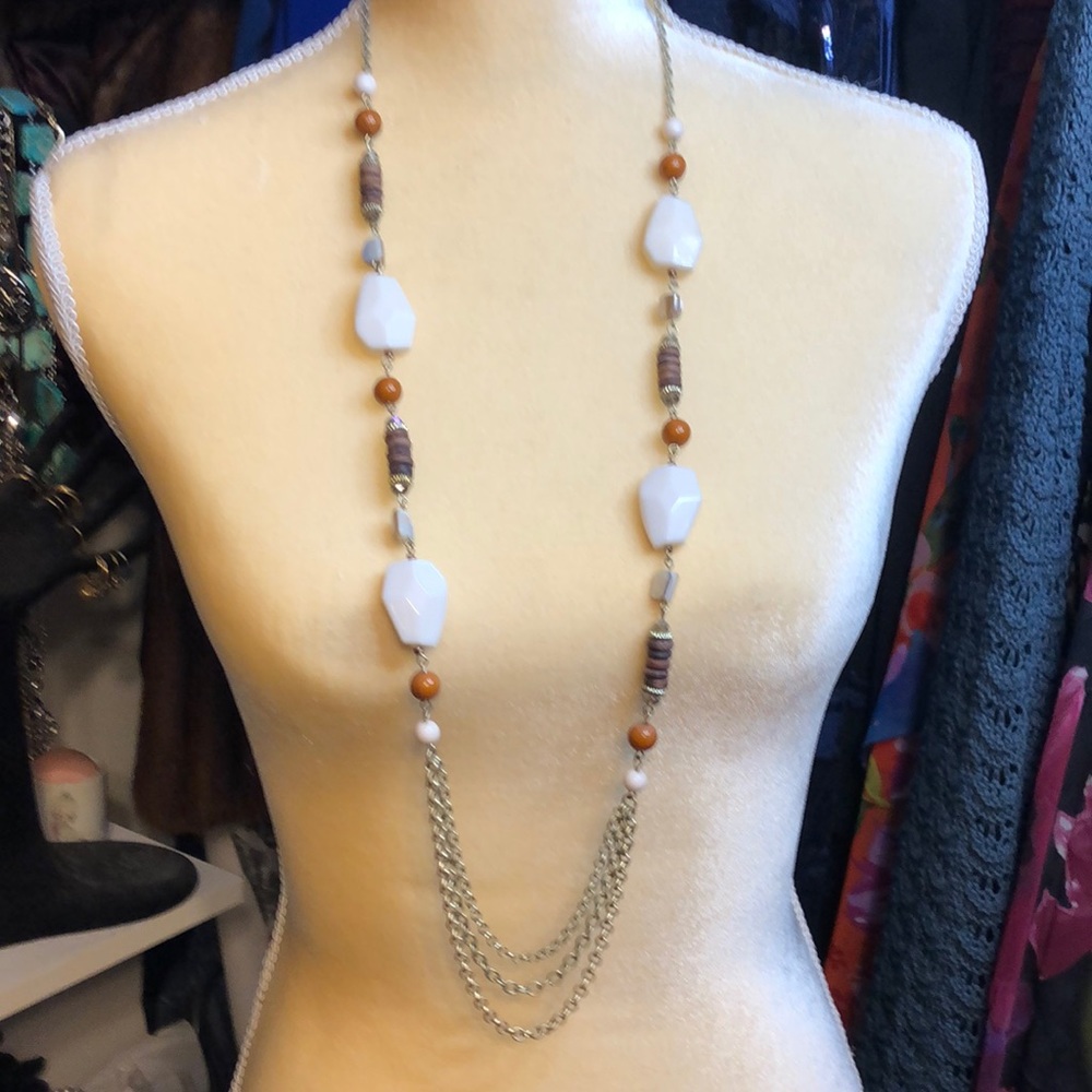 Long gold chain necklace with wooden bead, white beads and orange beads